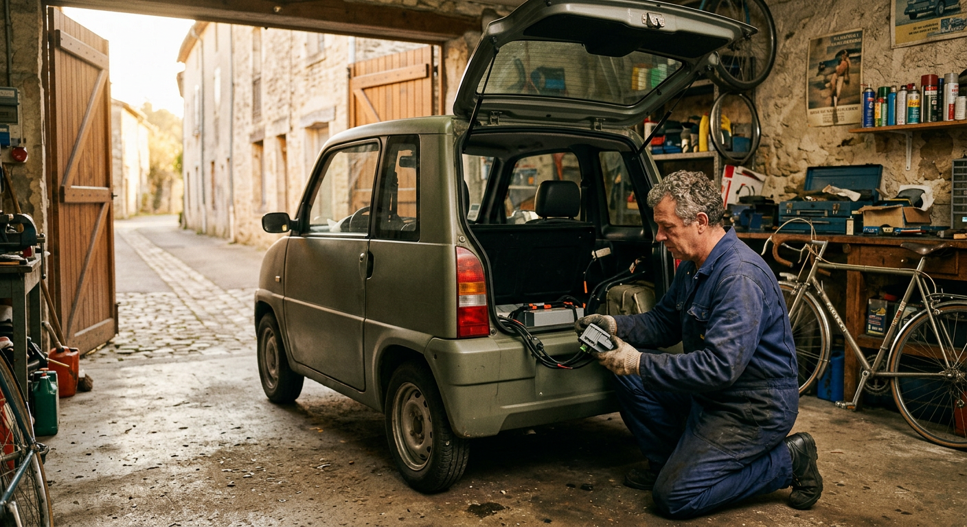 Un propriétaire répare lui-même l'arrière de sa petite voiture électrique sans permis, porte de garage ouverte sur une ruelle.