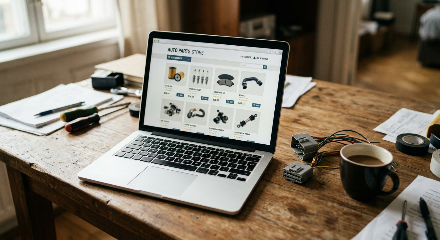 Un bureau en bois avec un ordinateur portable ouvert sur une page de pièces détachées, entouré de connecteurs électriques.