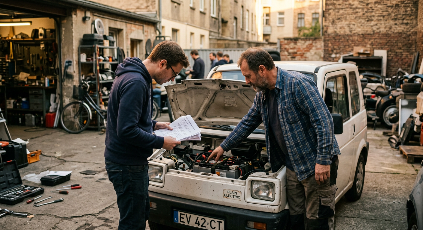 Deux propriétaires penchés sur le compartiment moteur ouvert de leur petite voiture électrique, lisant un fil de forum imprimé.
