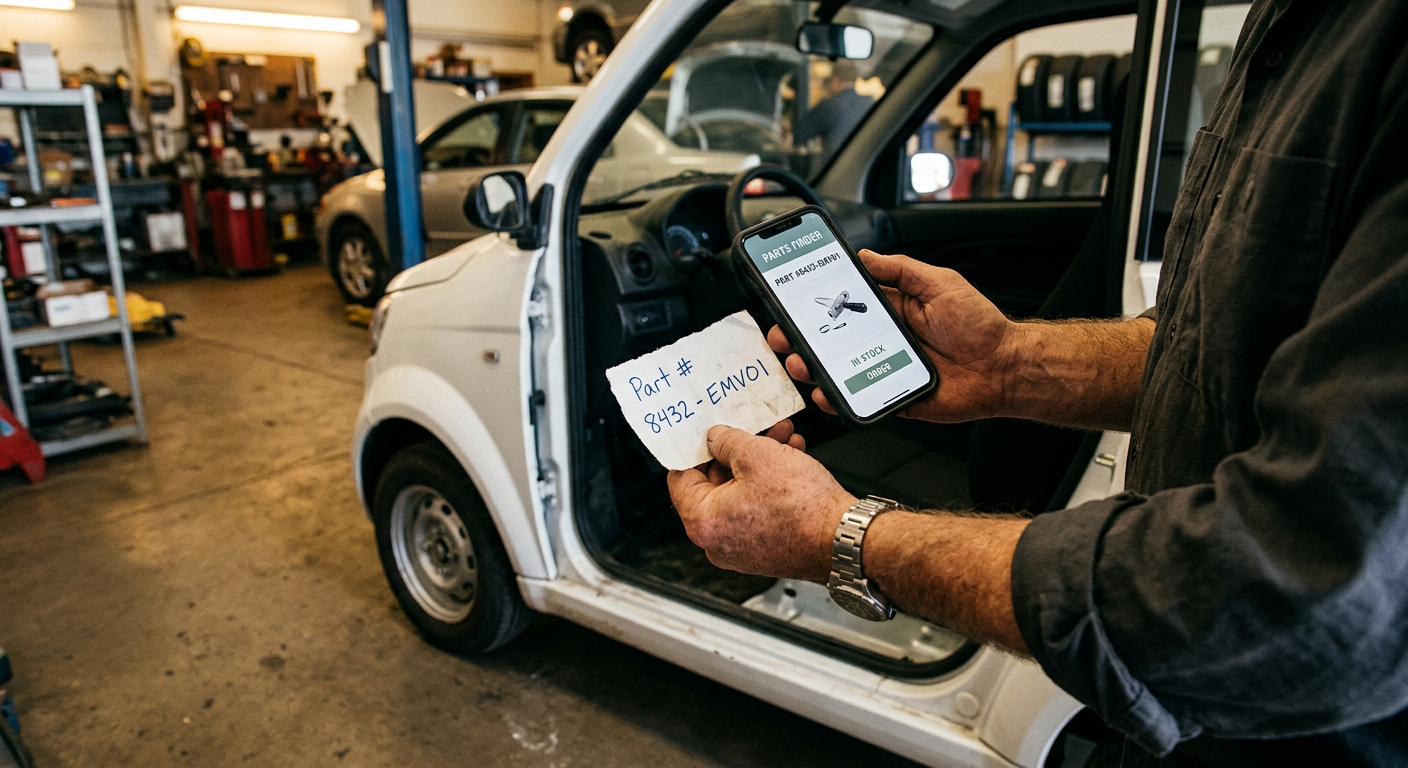Un propriétaire compare un numéro de pièce écrit à la main avec l'écran de son téléphone, près de sa petite voiture électrique.